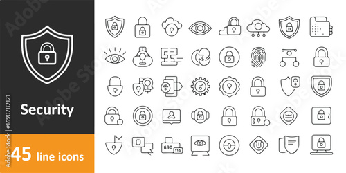 A comprehensive vector illustration set of security icons. Features symbols for cybersecurity, data protection, encryption, insurance, and passwords, ensuring a wide range of security concepts.