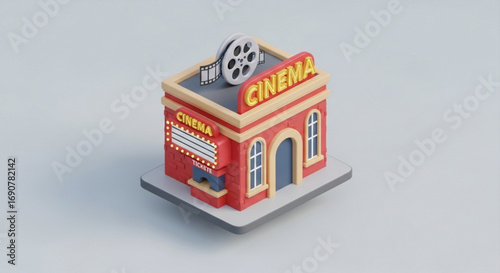 Isometric cinema building, a charming and compact representation of entertainment and movie magic