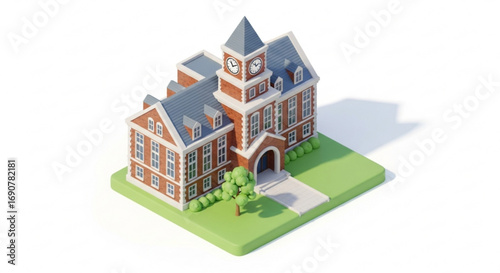 Isometric university building with clock tower, a charming 3d rendering of a classic educational institution