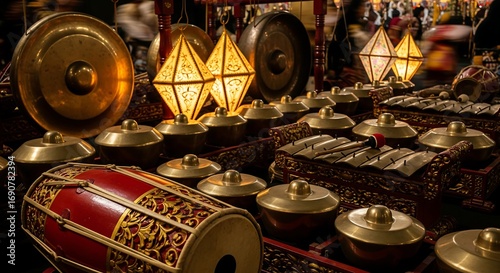A traditional Indonesian Gamelan music ensemble with ornate instruments and glowing decorative lanterns.