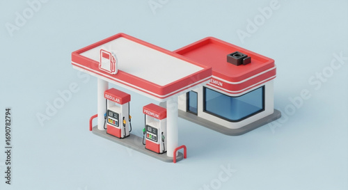 Isometric gas station with red and white color scheme, a miniature building for refueling vehicles