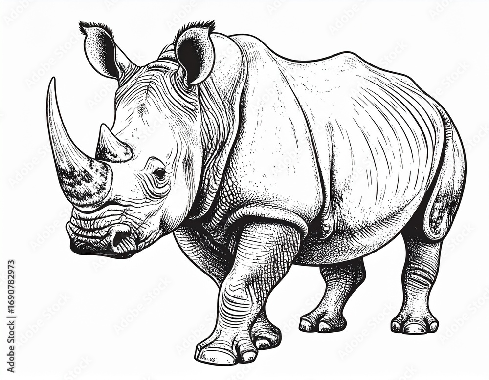 Obraz premium Detailed black and white illustration of a rhinoceros standing, showcasing its thick skin, horn, and powerful build.