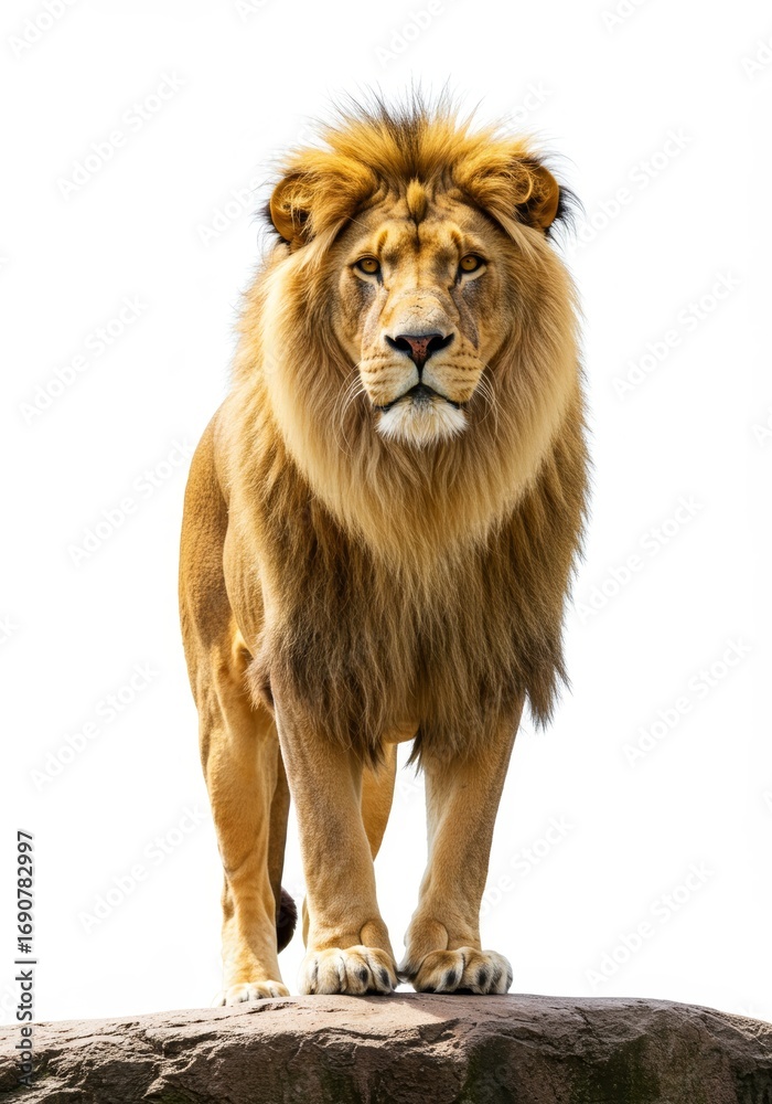 Obraz premium Majestic Lion Stands Proud on Rocky Outcrop