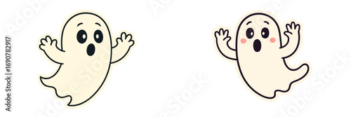 Set of two cute cartoon ghost characters with surprised expressions for Halloween party decorations or spooky holiday designs