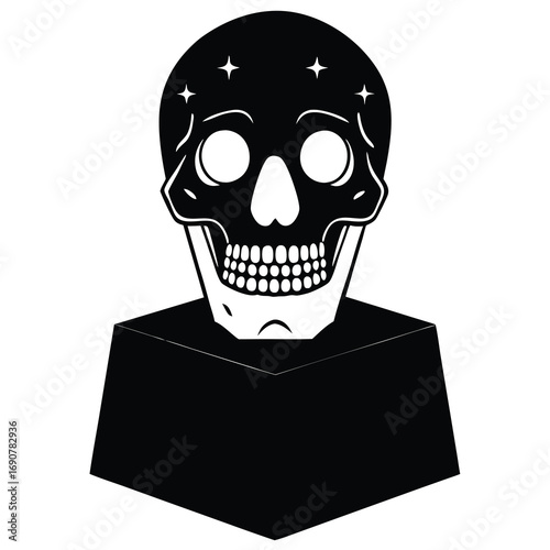 “Extreme close-up of a striking yellow skull placed on a sleek podium, its glossy surface catching and reflecting numerous bright lights from multiple angles. The reflections scatter across the skull 