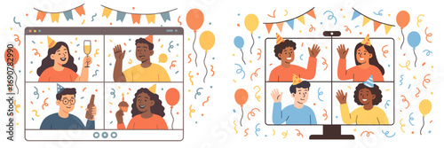 Diverse friends on a video conference call celebrating a birthday party online with confetti and balloons on a computer screen
