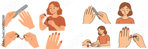 Detailed steps of a woman's home manicure process, from filing nails to applying bright red nail polish as part of a beauty and self care routine