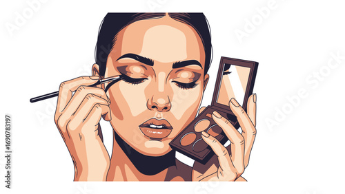 Close up of a woman applying eyeliner with a brush while holding an open makeup palette focusing on her eyes and lips