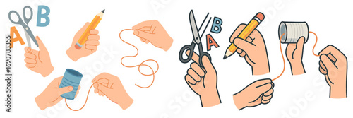 Set of hands holding various objects for communication and creativity including scissors, pencil, string, and a tin can telephone
