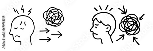 Simple black and white line art icons depicting mental health concepts like anxiety, stress, and confused thoughts with a tangled scribble representing a chaotic mind