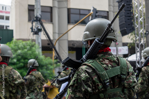 Soldiers in the streets, Armed military in urban area, Armed forces in control operation. High quality photo