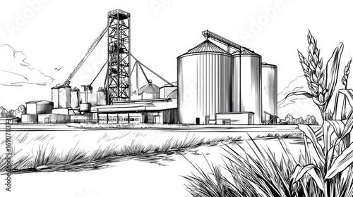 Industrial Grain Facility with Silos and Machinery in Black and White