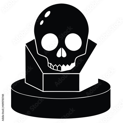 “Extreme close-up of a striking yellow skull placed on a sleek podium, its glossy surface catching and reflecting numerous bright lights from multiple angles. The reflections scatter across the skull 