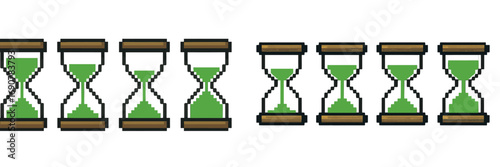 Pixel art hourglass animation sequence for a retro video game asset. Sprite sheet showing a countdown timer with green sand flowing