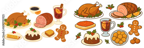 Collection of traditional Christmas dinner food and holiday treats including roasted turkey, glazed ham, Christmas pudding, and mulled wine
