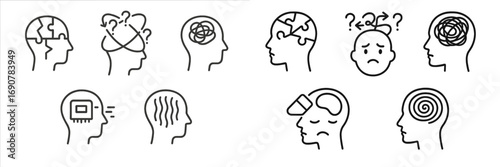 Psychology and mental health line icon set showing human heads with symbols of confusion, stress, anxiety, and thinking processes