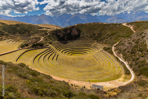 Moray terraces in Peru, Cusco Incas sacred valley of Incas cultural and historical archeological heritage of South America. Green terraces in Andes mountains. Moray circular terraces historical sight