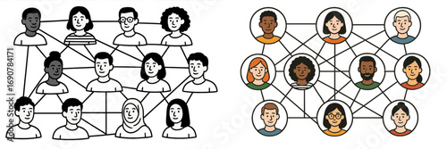 Diverse group of people connected in a social network diagram representing community, teamwork, and global communication