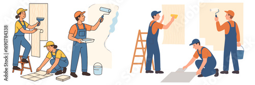 Team of professional workers in uniform doing home renovation, painting walls with rollers, applying wallpaper, and laying floor tiles