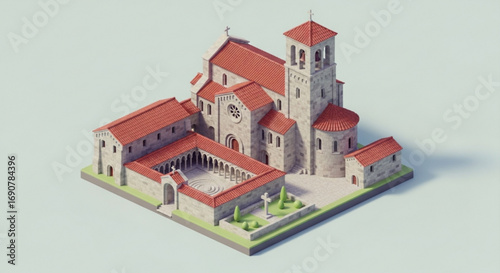 Isometric 3d render of the monastery of san lorenzo de trasouto, a historic religious building with romanesque architecture in galicia, spain