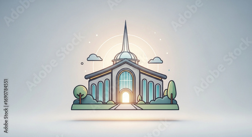 A delightful cartoon illustration of a church, radiating warmth and serenity with its inviting design and soft, glowing light