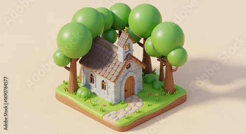 A whimsical 3d rendering of a church nestled among trees, creating a peaceful and idyllic scene with its charming design and vibrant colors