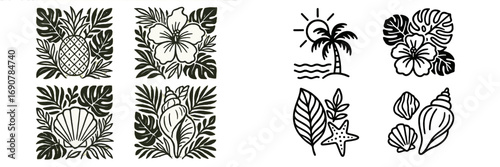 Collection of tropical summer icons in a black and white line art style featuring pineapple, hibiscus flower, seashells, and palm tree