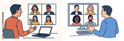 Set of two scenes showing a man in an online business meeting with a diverse team on a laptop and desktop computer