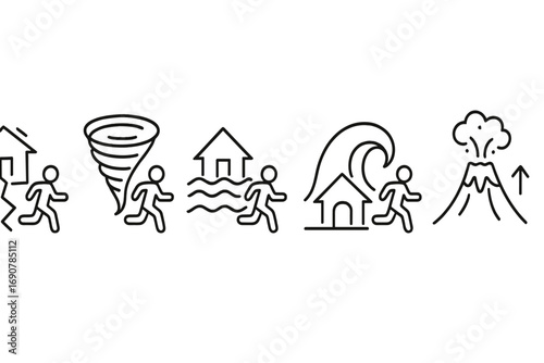 Natural disaster icon set showing evacuation from earthquake, tornado, flood, tsunami, and volcanic eruption for emergency preparedness and safety awareness