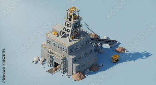 Isometric 3d render of a mine building with a tower and a small yellow truck on a light blue background, a detailed and stylized scene