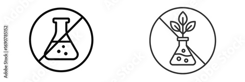 Chemical free and GMO free line icon set for natural product packaging and labels, symbols for organic food and cosmetics without preservatives or artificial additives