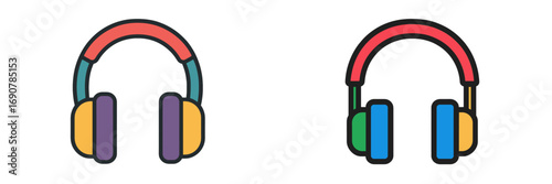 Colorful headphones icon set for music and audio listening, modern flat design headset symbols isolated on a white background