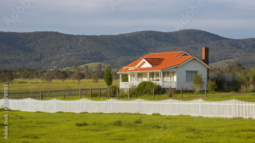Red-Roofed Suburban House with White Picket Fence, Set in Sunny Australian Landscape, Soft Afternoon Light, f/5.6