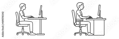 Simple line art of a person working on a computer at a desk, side view of an office worker sitting in an ergonomic chair