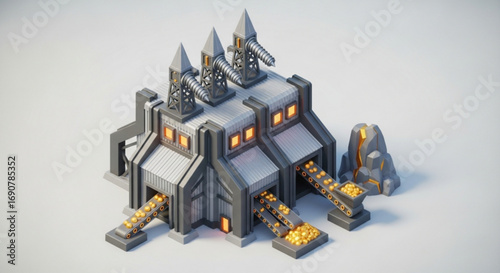 Isometric view of a gold mine, showcasing the extraction and processing of precious metals in a stylized manner