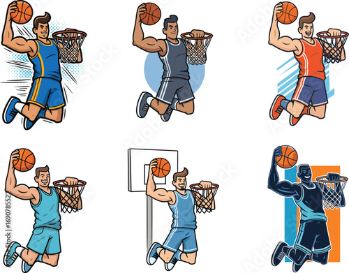 Basketball player cartoon illustration set performing slam dunk, action pose, dynamic sports scene, perfect for athletic content