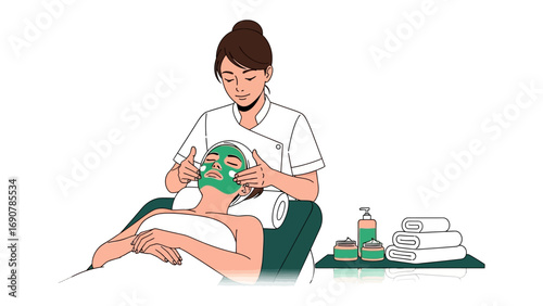 Skilled aesthetician applying a refreshing green facial mask to a client receiving a relaxing spa treatment with beauty products and towels nearby