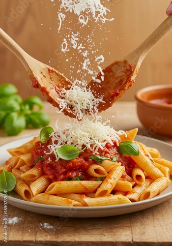 Penne Pasta with Tomato Sauce and Grated Cheese