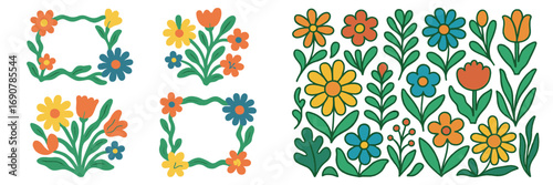 Collection of bright hand-drawn floral designs with leaves and flowers in orange, yellow, blue, and green, used for decoration or crafts.