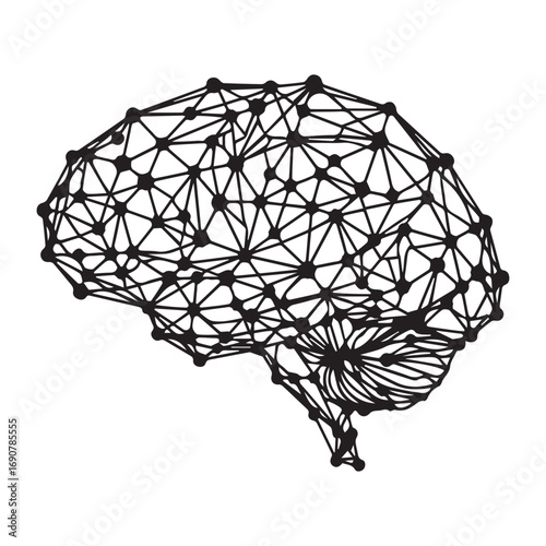 An intricate vector line art illustration of a brain, constructed from interconnected nodes and lines, embodying a technological theme EPS | Art & Illustration