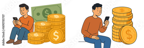 Man managing digital finance and investments on a smartphone surrounded by stacks of gold coins and dollar bills for online banking