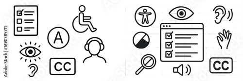 Accessibility icon set for web design and disability awareness including symbols for vision, hearing, and motor impairments