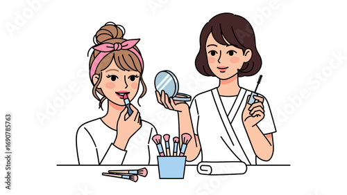 Two young women applying makeup together in a fun and friendly atmosphere with beauty products and brushes on a table