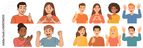 Diverse happy people showing positive gestures of approval and celebration like thumbs up, clapping, and heart hands