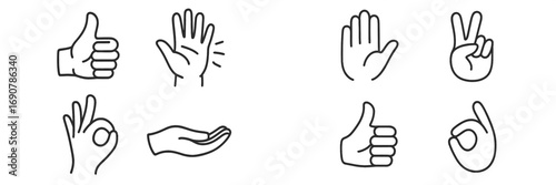 Collection of universal hand gestures in a minimal line art style including thumbs up, okay, peace sign, and stop symbol
