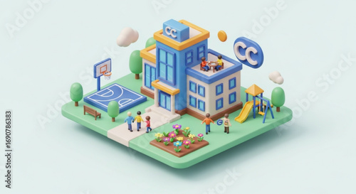 Isometric school with playground and students, showcasing education and learning environment on a light blue background