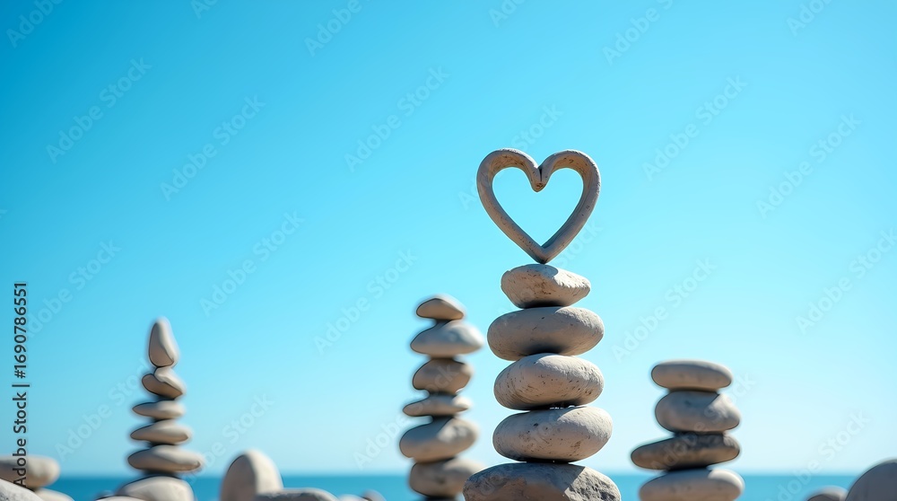 Fototapeta premium zen stones on blue background, Balanced stone towers with a bright blue sky in the b ,stones on a wooden table