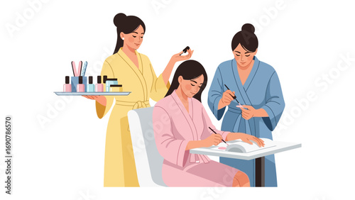 A spa technician in a yellow robe offers a tray of beauty products to a client receiving a manicure from another technician in a blue robe