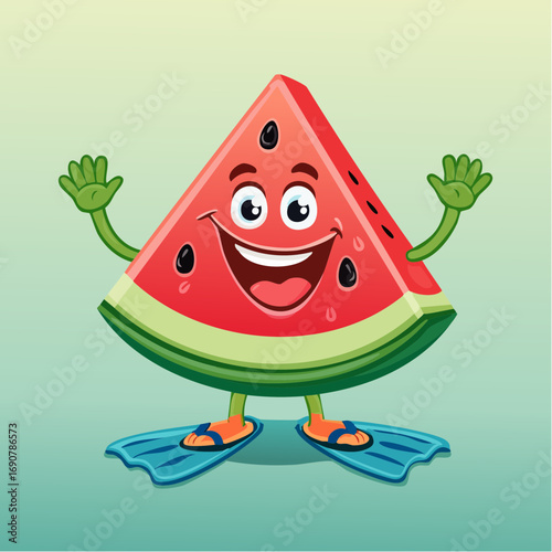 Cheerful watermelon slice mascot character ready for a summer swim, wearing fun blue flippers and waving hello with a big smile