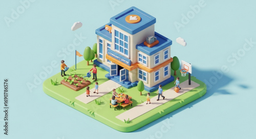 Isometric view of a hospital building with staff and patients, showcasing a modern healthcare facility on an isolated background